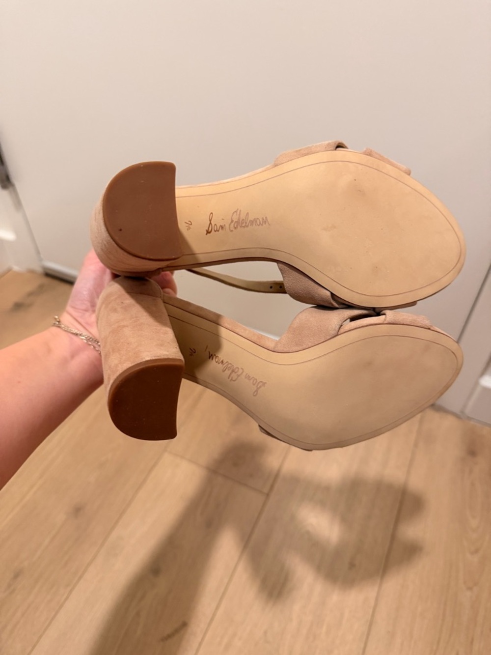 Sam Edelman Beige Suede Block Heel Sandals with Ankle Strap - Picture 4 of 5